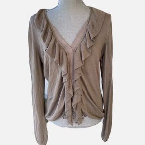 T Tahari ruffle v neck line brown sweater